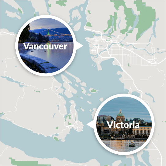 Map of Cycle BC's Vancouver and Victoria locations