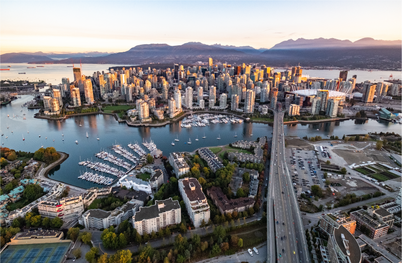Aerial view of Vancouver, facing towards the North Shore mountains