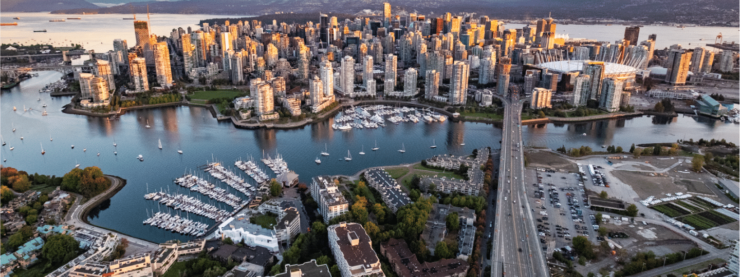 Aerial view of Vancouver, facing towards the North Shore mountains