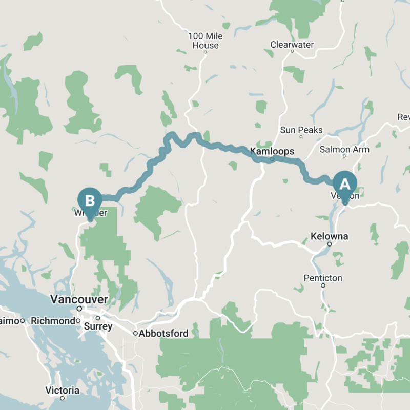 Map of Vernon to Whistler