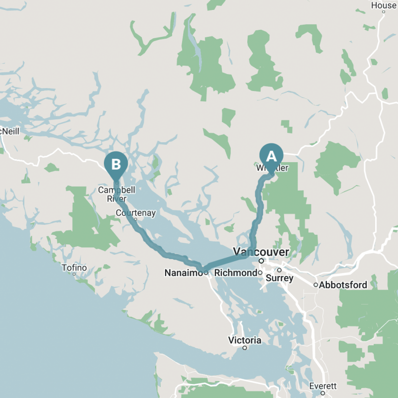 Map of Whistler to Campbell River