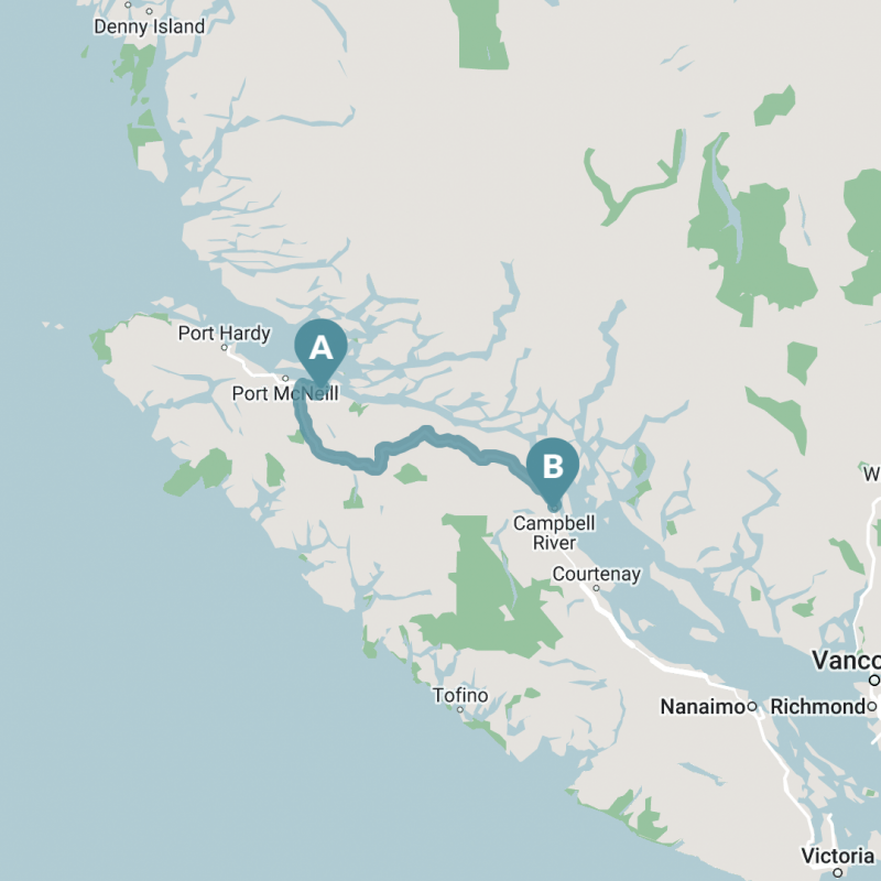 Map of Telegraph Cove to Campbell River