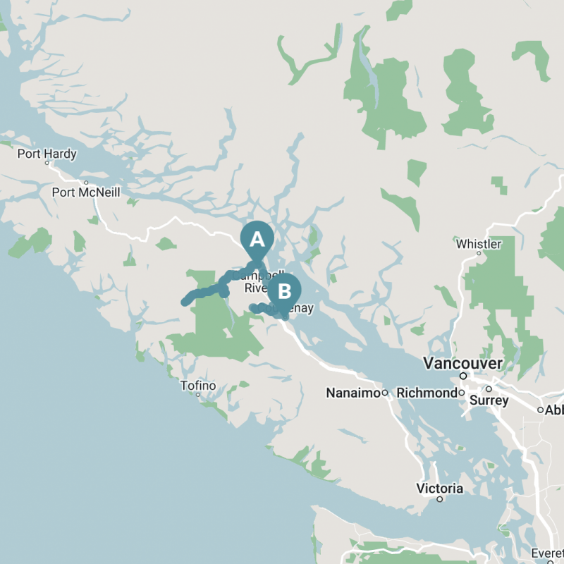 Map of Campbell River to Courtenay (via Gold River)