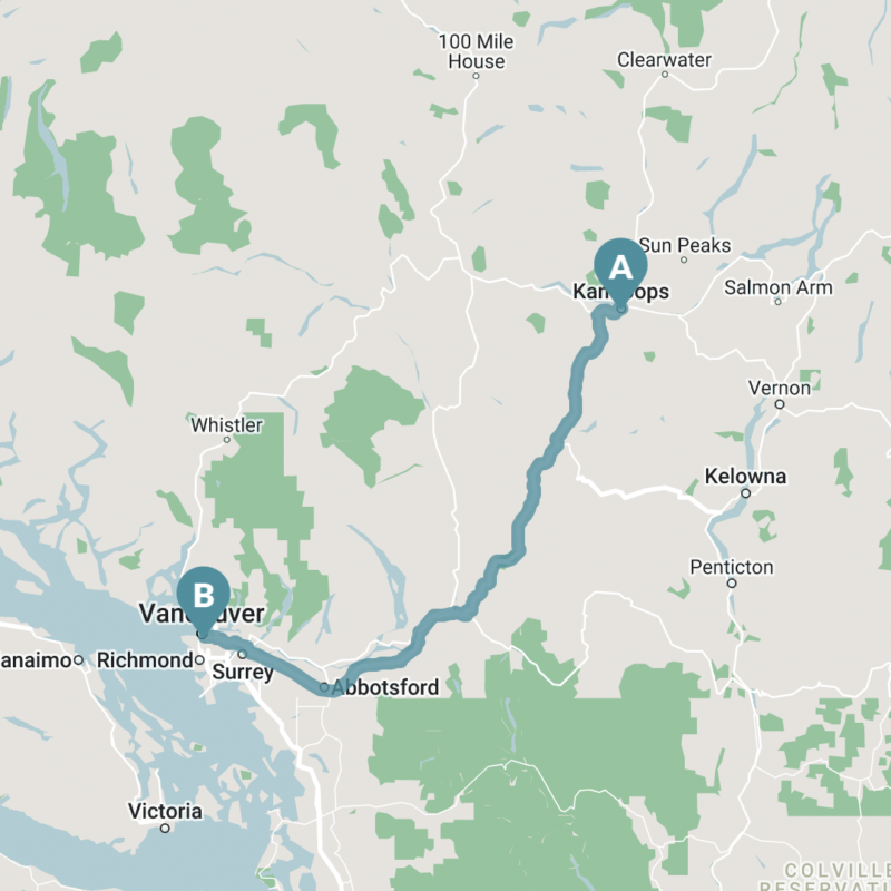 Map of Kamloops to Vancouver