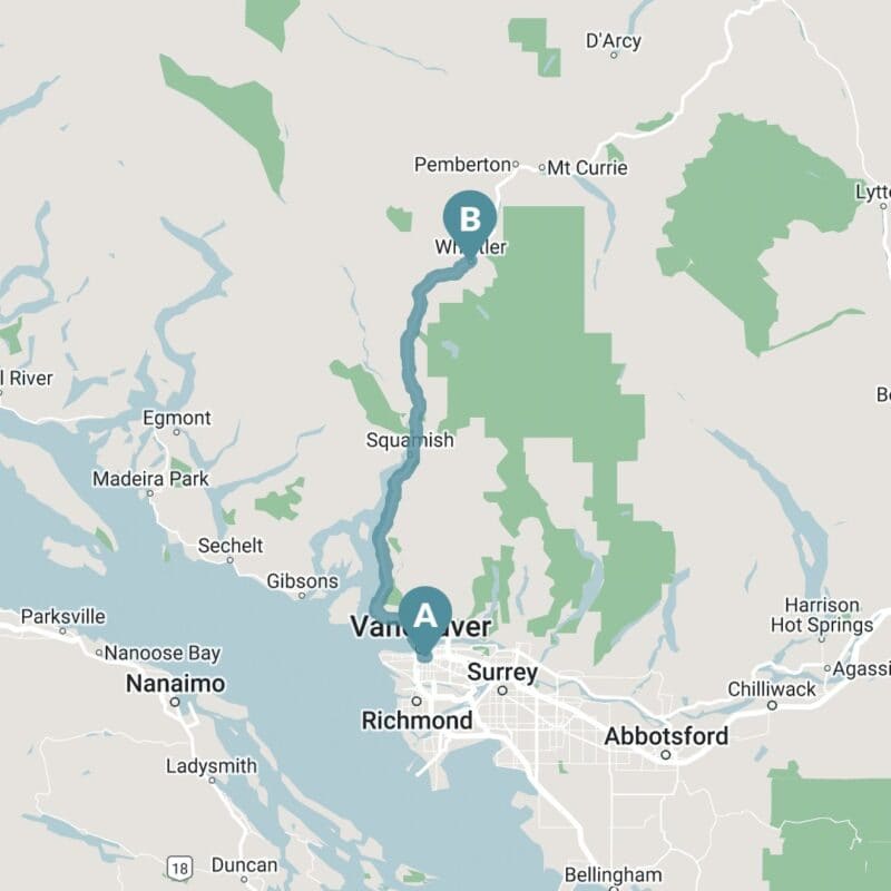 Map of Vancouver to Whistler