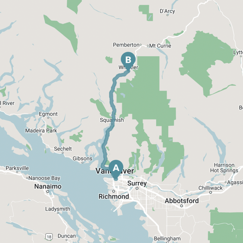 Map of Vancouver to Whistler