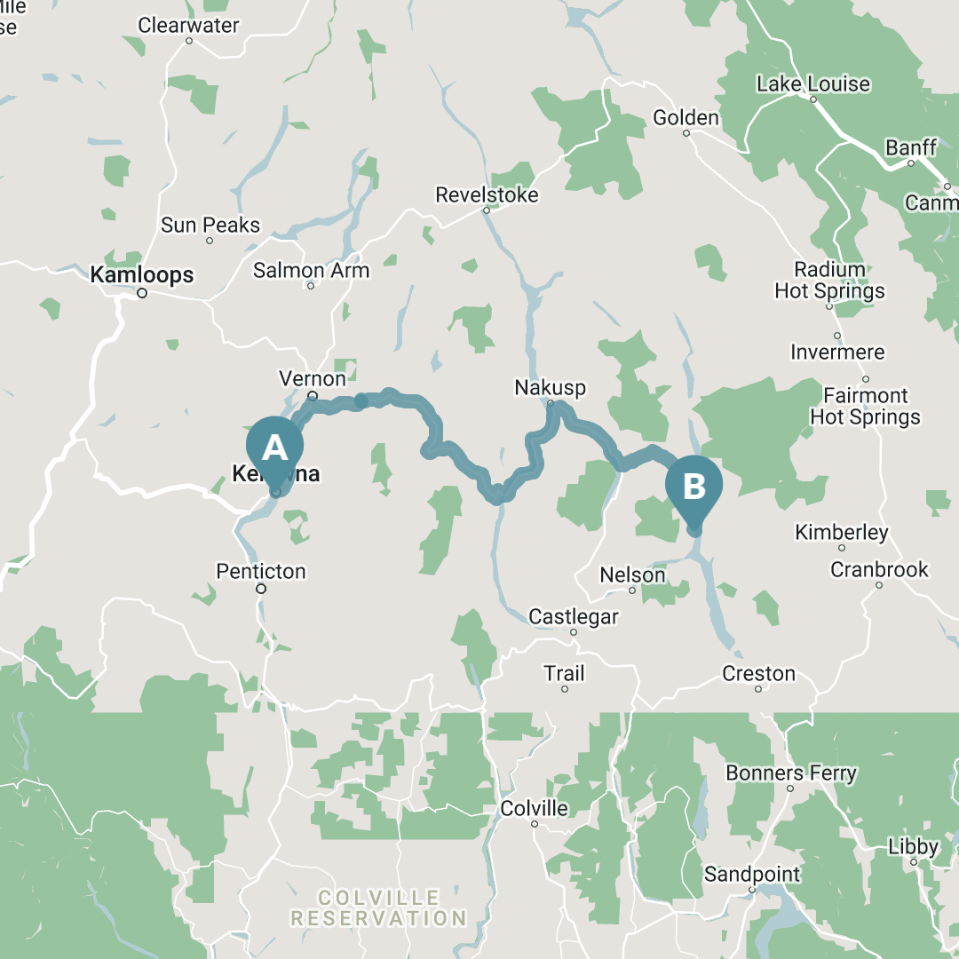 Map of Whistler to Ainsworth Hot Springs