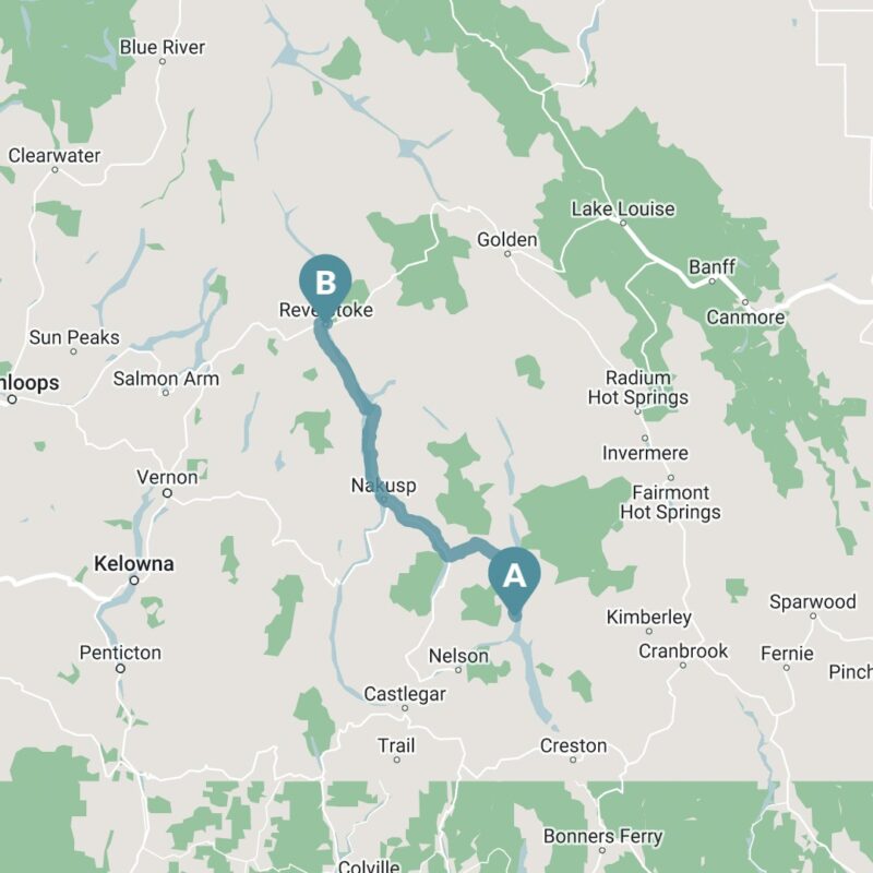 Map of Ainsworth Hot Springs to Revelstoke