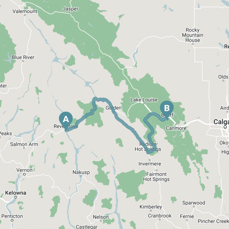 Map of Revelstoke to Banff