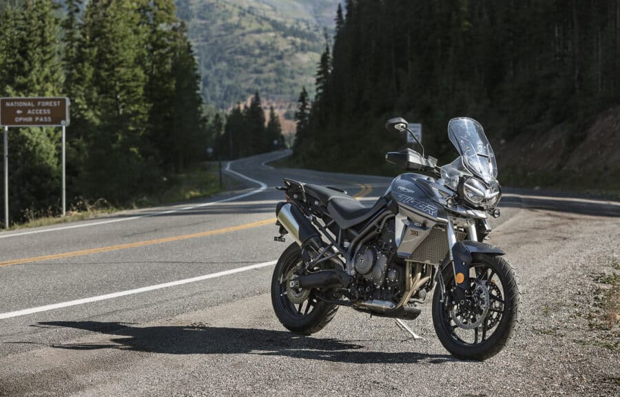 Triumph Tiger 800 Xrx parked on the side of a twisty forest road