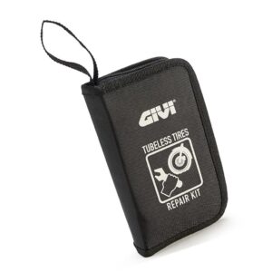 a black pouch containing a motorcycle tire puncture repair kit.