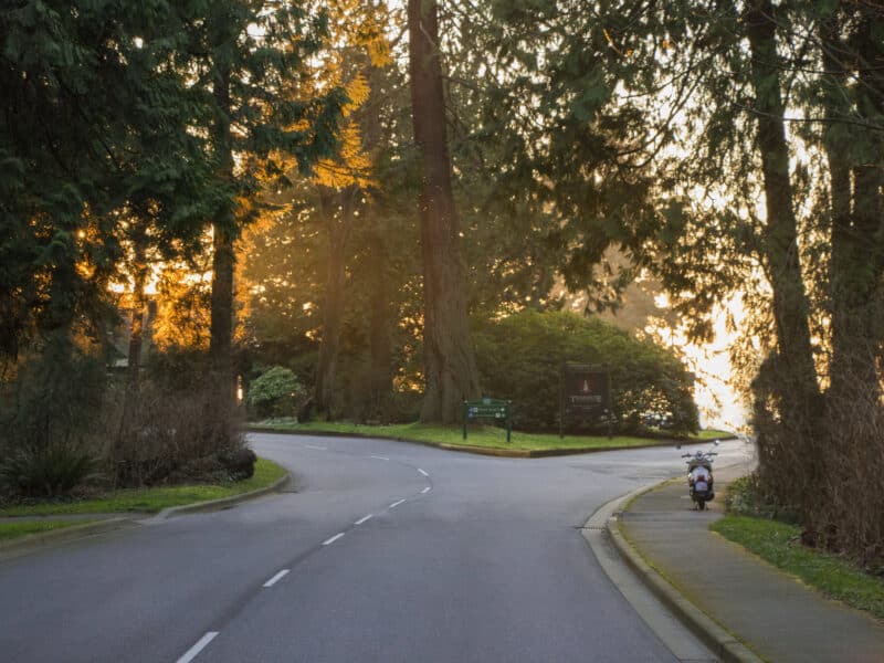 A scooter parked on the side of the road in Stanley park at sunset