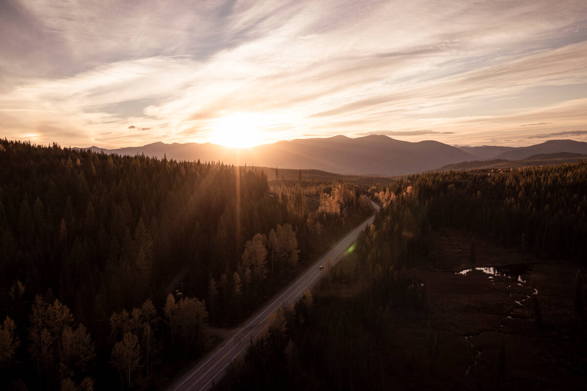 A sunset over the mountains illuminating the Fall colours along Highway 3