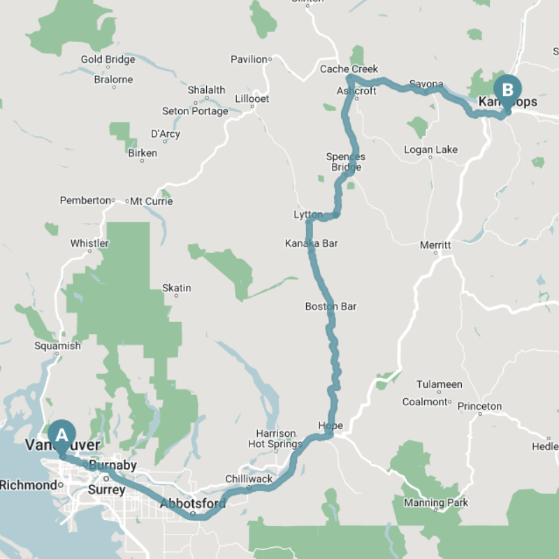 A map outline of Vancouver to Kamloops