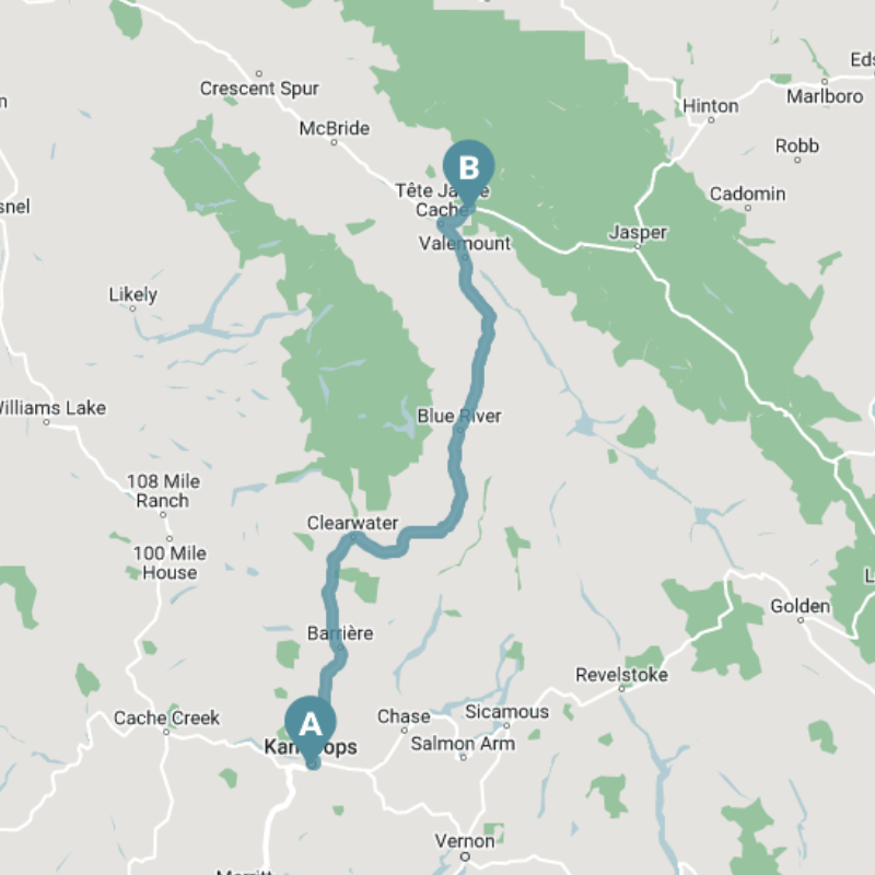 A map outline of the route from Kamloops to Mount Robson