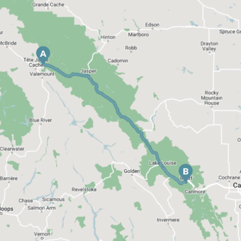 A map outline of the Route from Mount Robson to Banff