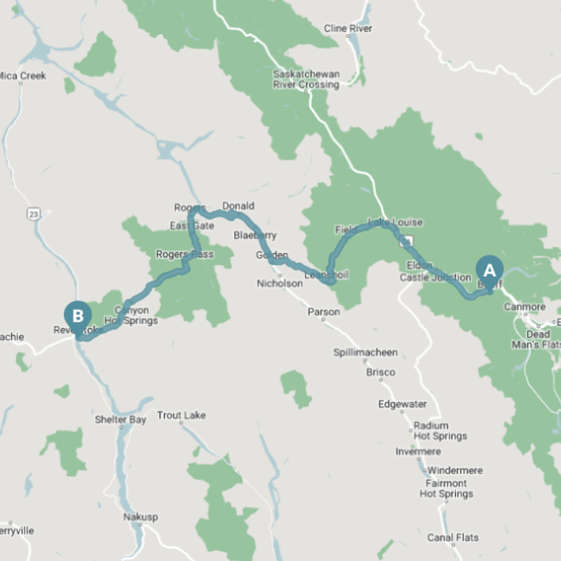 A map outline of the route from Banff to Revelstoke.