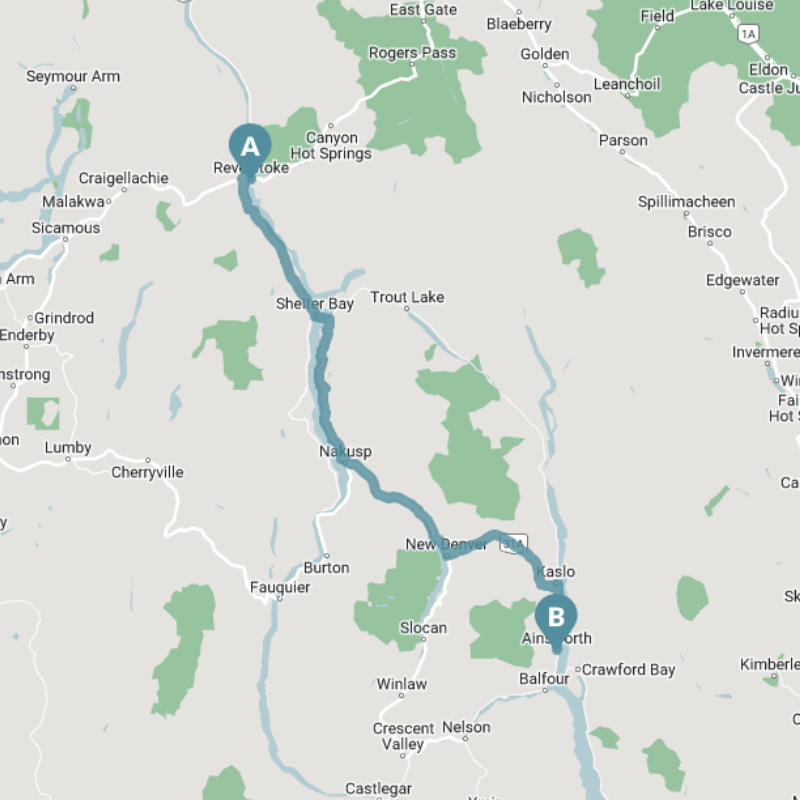 A map outline of the route from Revelstoke to Ainsworth