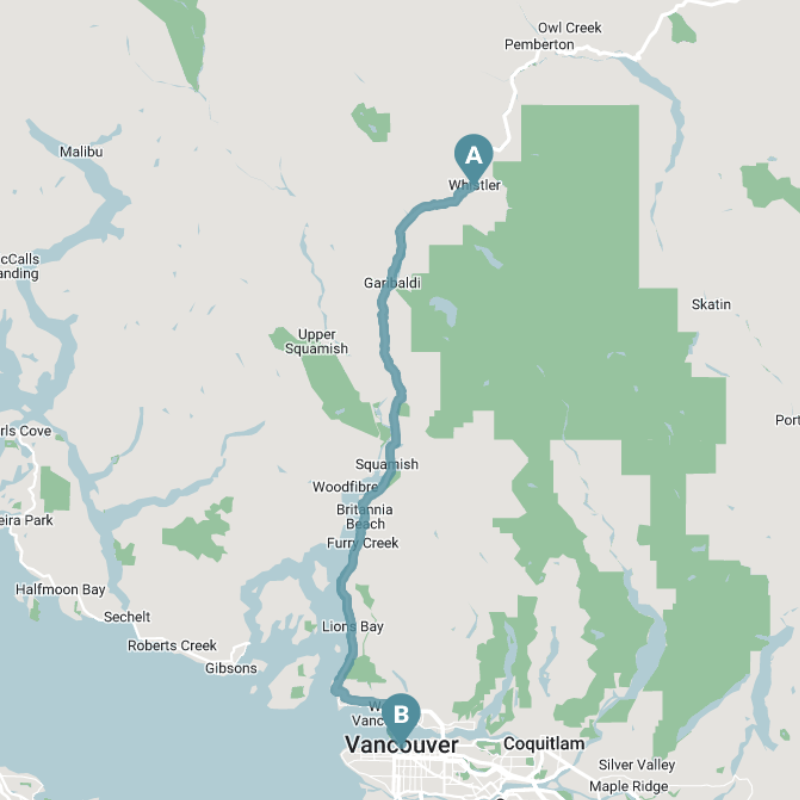 A map outline of the route from Whistler to Vancouver.