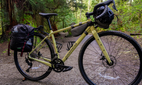 Loaded bike on forest trail in daylight.