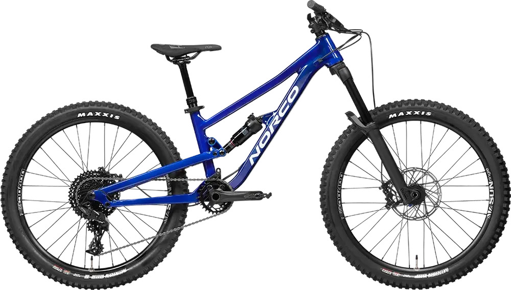 Blue mountain bike with full suspension design.