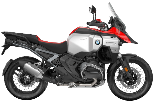 Red and silver adventure motorcycle, side view.