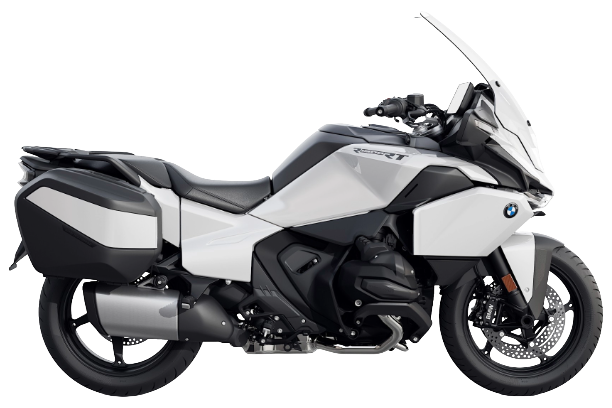 White touring motorcycle with windshield, side view.