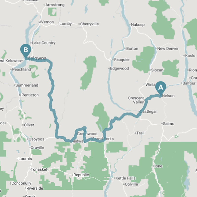 Map from Nelson to Kelowna, British Columbia, Canada
