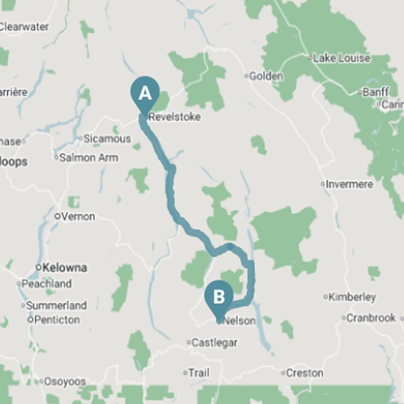 Map showing route from Revelstoke to Nelson, BC.