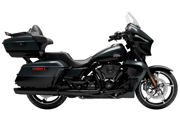 Black touring motorcycle with storage compartments.