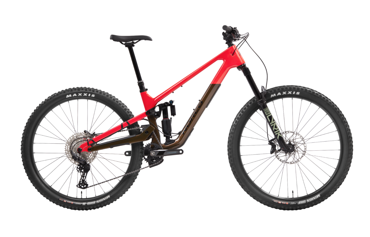 Red full-suspension mountain bike on white background