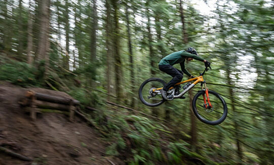 Mountain biker airborne on forest trail